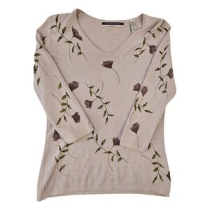 Amanda Smith Stretch Floral V-Neck Sweater Lilac Purple 3/4 Sleeve Knit TopSmall